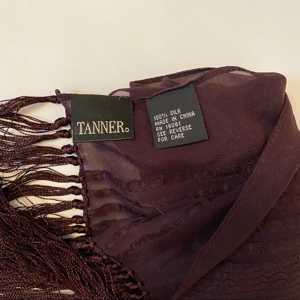 TANNER SCARF BROWN SILK SHEER RIBBED TEXTURE FRINGE LONG RECTANGLE ACCESSORY